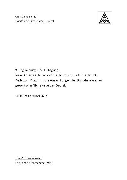 Christiane Benner: Die Auswirkungen der Digitalisierung auf gewerkschaftliche Arbeit im Betrieb, 9. Engineering- und IT-Tagung, Berlin, 16. November 2017