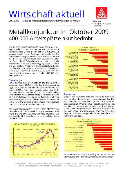 Wirtschaft aktuell 20/2009: Metallkonjunktur im Oktober 2009 - 400.000 Arbeitsplätze akut bedroht