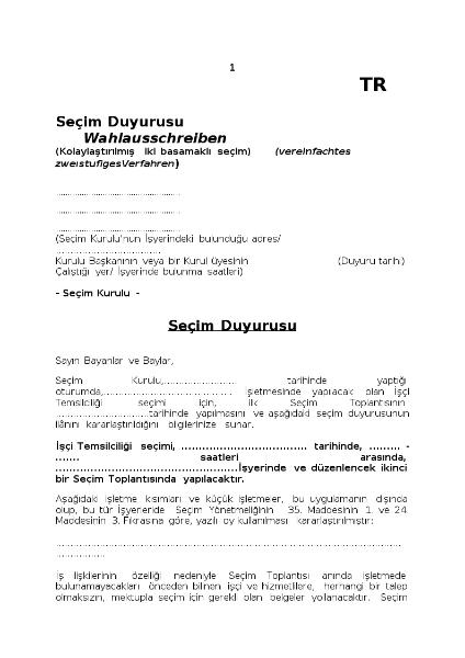 Seçim Duyurusu (Kolayla?t?r?lm?? iki basamakl? seçim), Wahlausschreiben zur vereinfachten zweistufigen Betriebsratswahl, türkisch