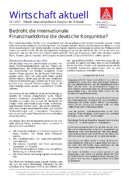 Wirtschaft aktuell 16/2007: Bedroht die internationale Finanzmarktkrise die deutsche Konjunktur?