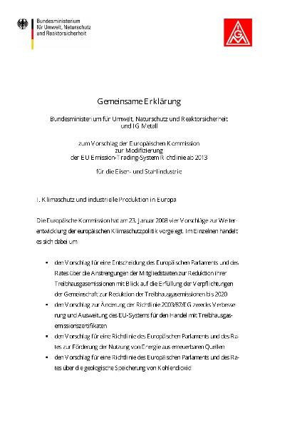 Emissionshandel - gemeinsame Erklärung der IG Metall und Bundesumweltministerium
