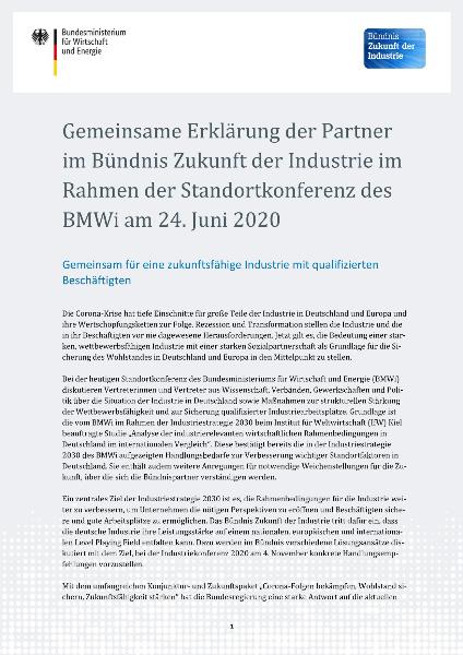 Gemeinsame Erklärung der Partner im Bündnis Zukunft der Industrie im Rahmen der Standortkonferenz des BMWi am 24. Juni 2020