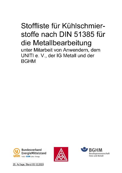 Stoffliste für Kühlschmierstoffe nach DIN 51385 für die Metallbearbeitung (25. Auflage, Stand 03.12.2025)