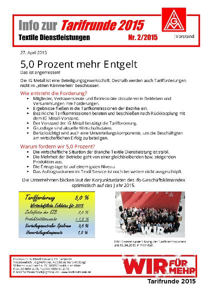 5 Prozent mehr Entgelt!, Info zur Tarifrunde 2015, Textile Dienstleistungen, Nr. 2/2015