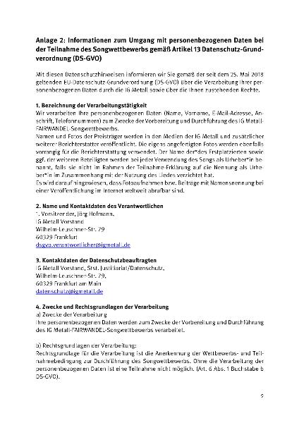 FairWandel-Songwettbewerb: Informationen zum Umgang mit personenbezogenen Daten gemäß Artikel 13 Datenschutz-Grundverordnung