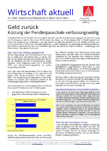 Wirtschaft aktuell 24/2008: Geld zurück - Kürzung der Pendlerpauschale verfassungswidrig