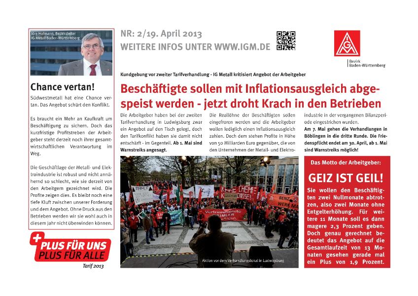 Tarif-Newsletter Nr. 2, 19. April 2013, Metall und Elektro, Baden-Württemberg, Beschäftigte sollen mit Inflationsausgleich abgespeistwerden - jetzt droht Krach in den Betrieben