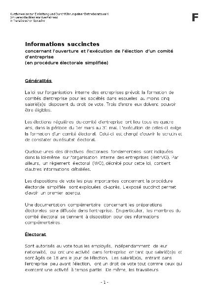 concernant l'ouverture et l'exécution de l’élection d’un comité d'entreprise (en procédure électorale simplifiée), Hinweise - Einleitung und Durchführung der BRW - vereinfacht, französisch