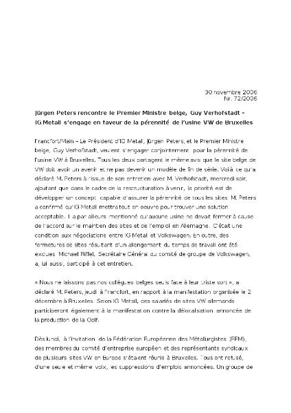 communiqué de presse de VW Pressemitteilung zu VW, 30.11.2006 französisch:Jürgen Peters trifft belgischen Ministerpräsidenten Guy Verhofstadt