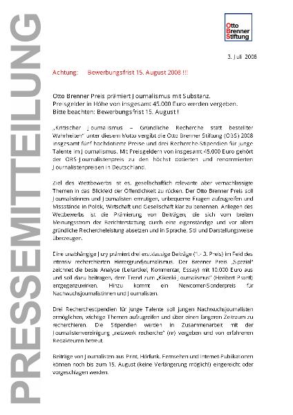 Otto Brenner Preis Für kritischen Journalismus: Ausschreibung 2008