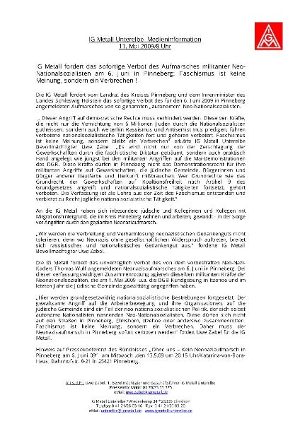 IG Metall fordert das sofortige Verbot des Aufmarsches militanter Neo-Nationalsozialisten am 6. Juni in Pinneberg: Faschismus ist keine Meinung, sondern ein Verbrechen!