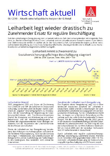 Wirtschaft aktuell 06/2010:Leiharbeit legt wieder drastisch zu - Zunehmender Ersatz für reguläre Beschäftigung