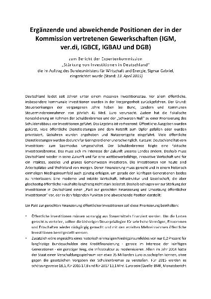 Ergänzende und abweichende Positionen der in der Kommission vertretenen Gewerkschaften (IGM, Verdi, IGBCE, IGBAU und DGB) zum Bericht der Expertenkommission 