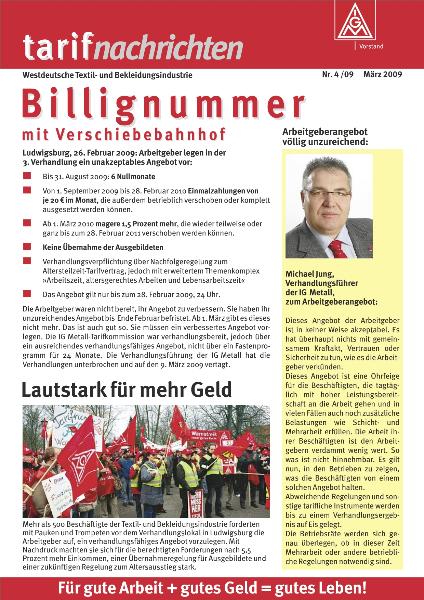 Billignummer mit Verschiebebahnhof, Tarifnachrichten für die Westdeutsche Textil- und Bekleidungsindustrie 04/2009