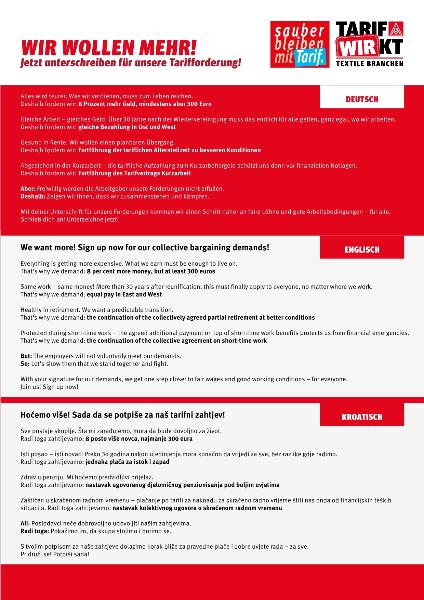 Beiblatt mit Übersetzungen in 10 Sprachen, Unterschriftenliste zur Tarifbewegung Textile Dienste 2023
