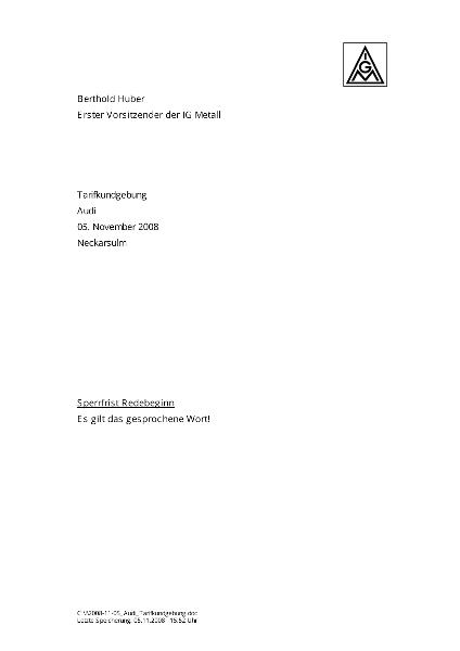 Berthold Huber: Rede auf der Tarifkundgebung bei Audi, Neckarsulm am 5 November 2008