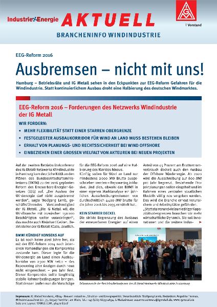 EEG-Reform 2016: Ausbremsen, nicht mit uns!, Brancheninfo Windindustrie