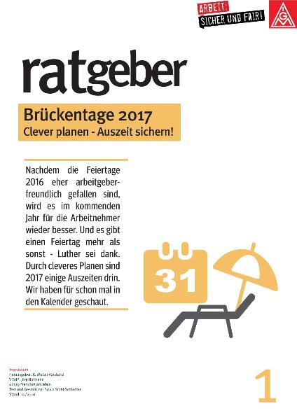 Ratgeber: Clever planen - Auszeit sichern. Brückentage 2017