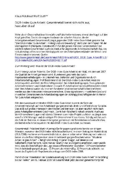 Antwort auf Gesamtmetall-Einschätzung zum DGB-Index Gute Arbeit