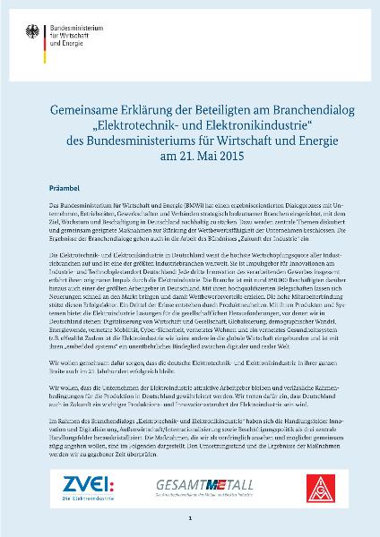 Neue Impulse für die Elektroindustrie Gemeinsame Erklärung ZVEI BMWI IGM und Gesamtmetall