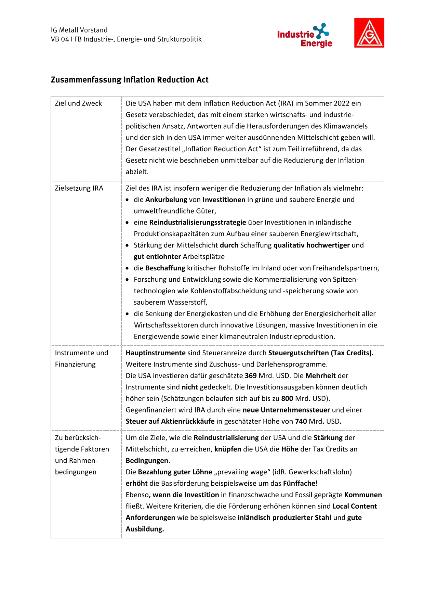 Zusammenfassung Inflation Reduction Act