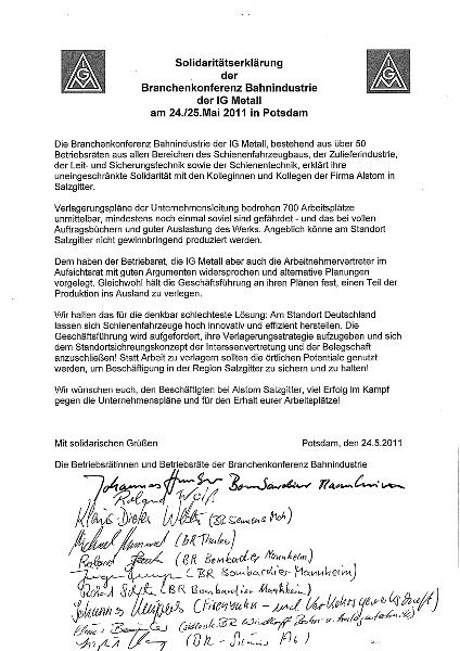 Solidaritätserklärung der Branchenkonferenz Bahnindustrie zu Alstom Salzgitter