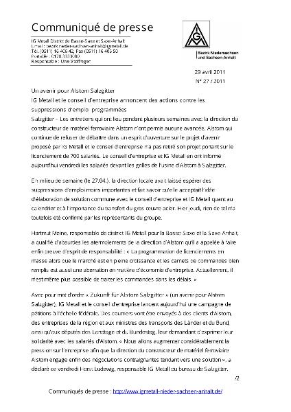 Presseinformation Bezirk Niedersachsen und Sachsen-Anhalt zu Alstom-Salzgitter (französisch)