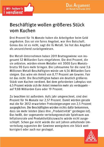 26. April 2012 I Beschäftigte wollen größeres Stück vom Kuchen