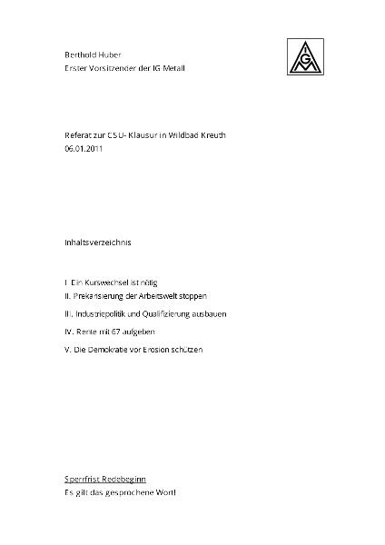 Berthold Huber: Referat zur CSU- Klausur in Wildbad Kreuth, 6. Januar 2011