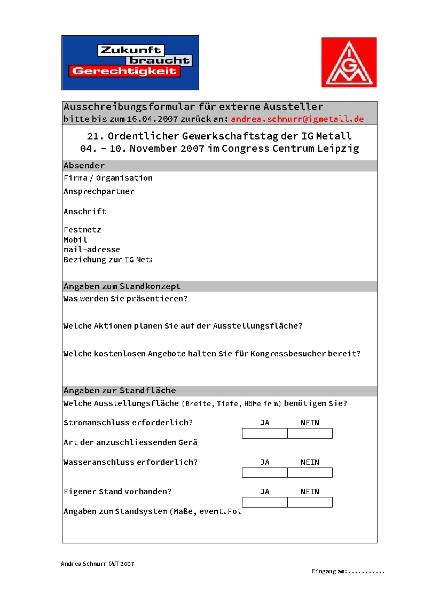 Ausschreibungsformular für Externe Aussteller
