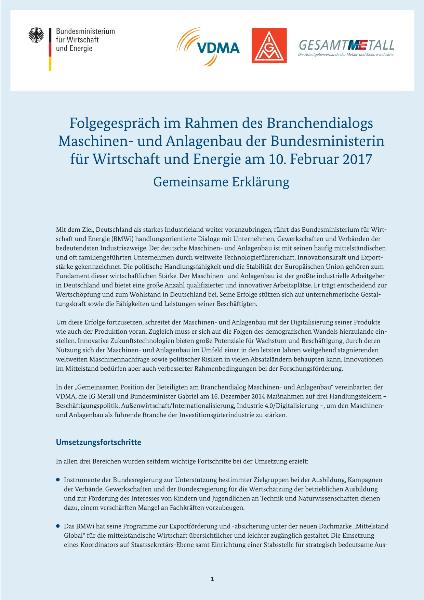 Gemeinsame Erklärung: Folgegespräch im Rahmen des Branchendialogs Maschinen- und Anlagenbau der Bundesministerin für Wirtschaft und Energie am 10. Februar 2017
