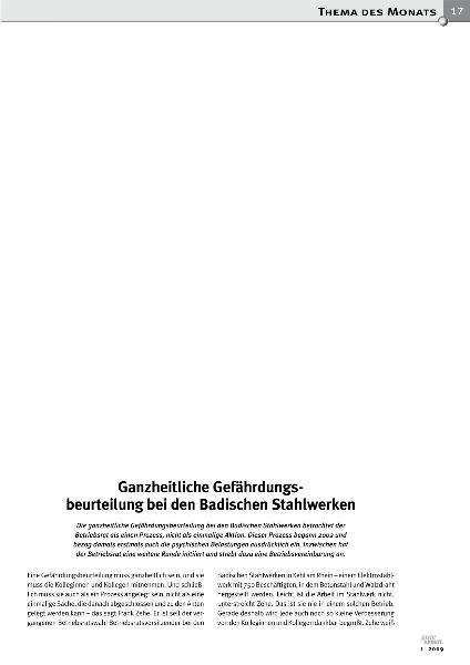 Ganzheitliche Gefährdungsbeurteilung bei den Badischen Stalwerken, Gute Arbeit 1/2009