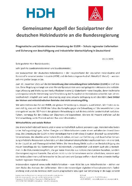 Gemeinsamer Appell der Sozialpartner der deutschen Holzindustrie an die Bundesregierung