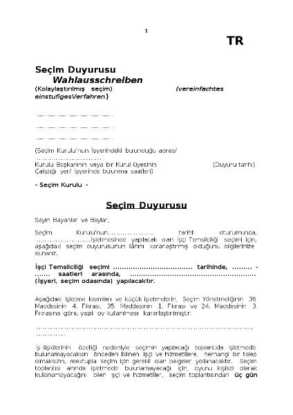 Seçim Duyurusu(Kolayla?t?r?lm?? seçim) Wahlausschreiben zur vereinfachten einstufigen Betriebsratswahl, türkisch