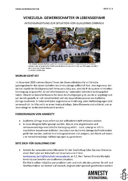 Venezuela: Gewerkschafter in Lebensgefahr - Aktionsanleitung