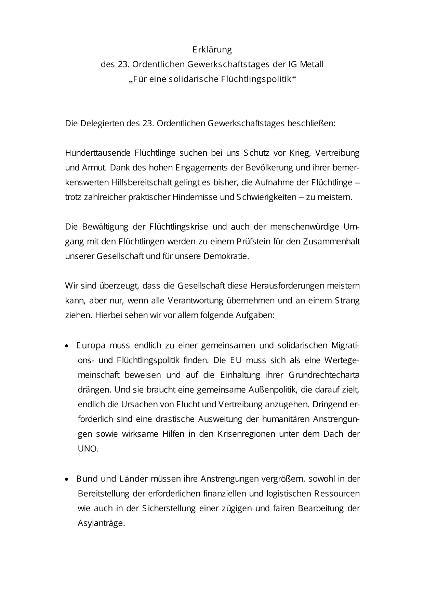 Erklärung des 23. Ordentlichen Gewerkschaftstages der IG Metall 