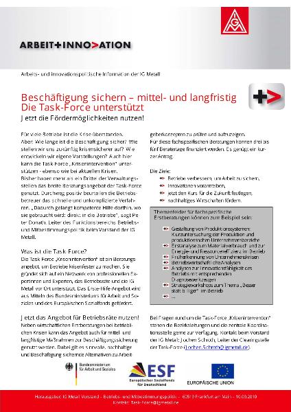 Arbeit und Innovation 04 / 2010: Beschäftigung sichern - mittel- und langfristig. Die Task-Force unterstützt