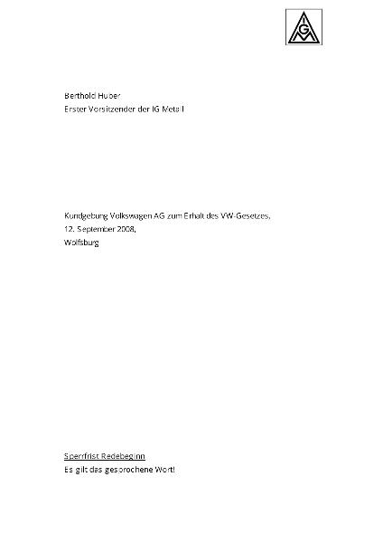 Berthold Huber: Rede Kundgebung Volkswagen AG zum Erhalt des VW-Gesetzes, Wolfsburg