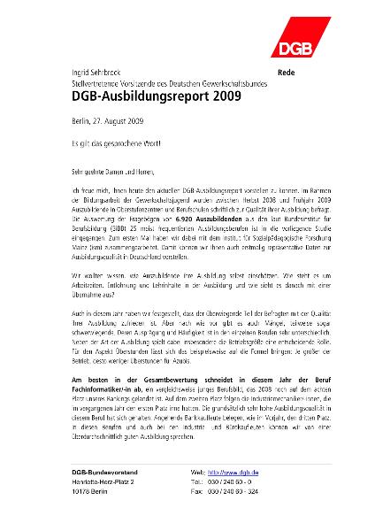 Ingrid Sehrbrock, Vorstellung Ausbildungsreport 2009, Rede 27.08.2009 in Berlin