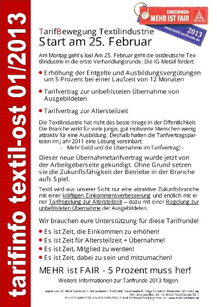 TarifBewegung Textilindustrie: Start am 25. Februar, tarifinfo textil-ost 01/2013
