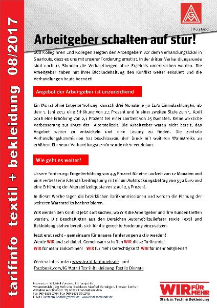 Arbeitgeber schalten auf stur!, Tarifinfo Textil + Bekleidung 08/2017