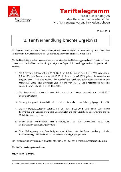 Tariftelegramm für die Beschäftigten des Unternehmensverband des Kfz-Gewerbes in Niedersachsen