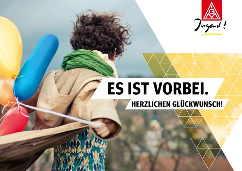 Postkarte: Es ist vorbei. Herzlichen Glückwunsch! (Motiv Luftballon)