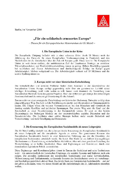 Thesen für ein Europapolitisches Memorandum der IG Metall: Für ein solidarisch erneuertes Europa, Berlin, 9.11.2006