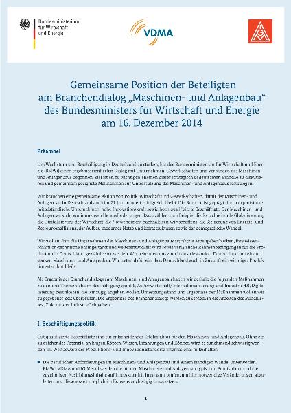 Gemeinsame Position der Beteiligten am Branchendialog Maschinen- und Anlagenbau