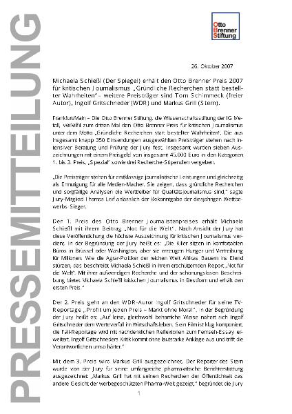 Pressemitteilung der OBS zum Otto-Brenner-Preis für kritischen Journalismus 2007