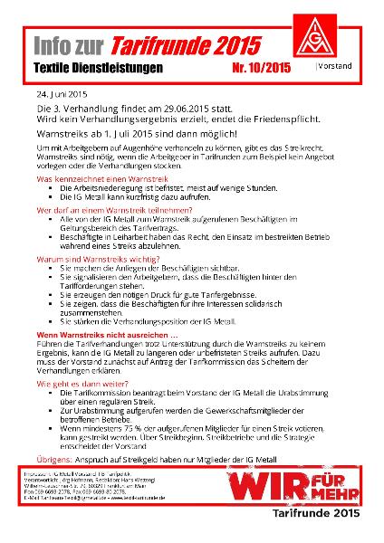 Die 3. Verhandlung findet am 29.06.2015 statt., Info zur Tarifrunde 2015 Textile Dienstleistungen Nr. 10/2015