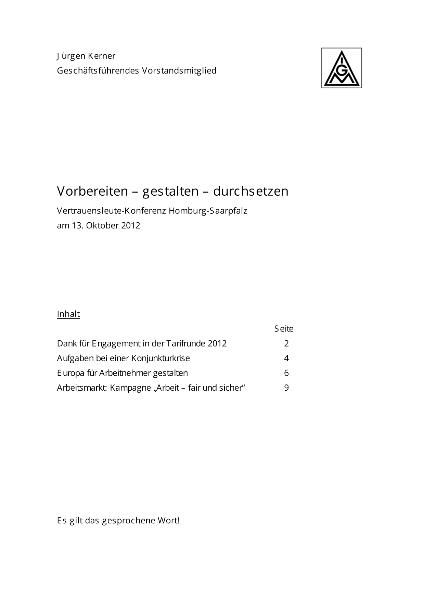Jürgen Kerner: Vorbereiten - gestalten - durchsetzen, Vertrauensleute-Konferenz Homburg-Saarpfalz, 13. Oktober 2012