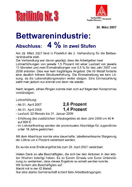 Tarifinfo Nr. 3: Bettwarenindustrie - Abschluss: Vier Prozent in zwei Stufen