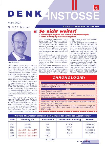 Betriebszeitung IBM Denkanstoesse März 2007- So nicht weiter: Jahrelange Angriffe auf unsere Sonderzahlungen - Jetzt: Kündigung des Urlaubsgeldes